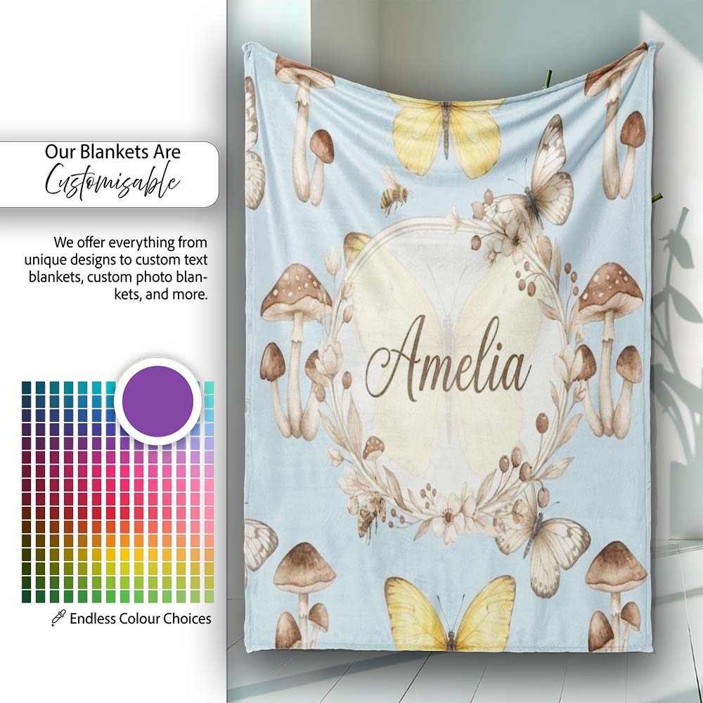 Vintage Butterfly Bees Mushrooms Illustration Dusty Blue Background  Personalised Custom Name Super Soft Fleece Blanket Bed Sofa Throw