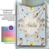 Vintage Butterfly Bees Mushrooms Illustration Dusty Blue Background  Personalised Custom Name Super Soft Fleece Blanket Bed Sofa Throw
