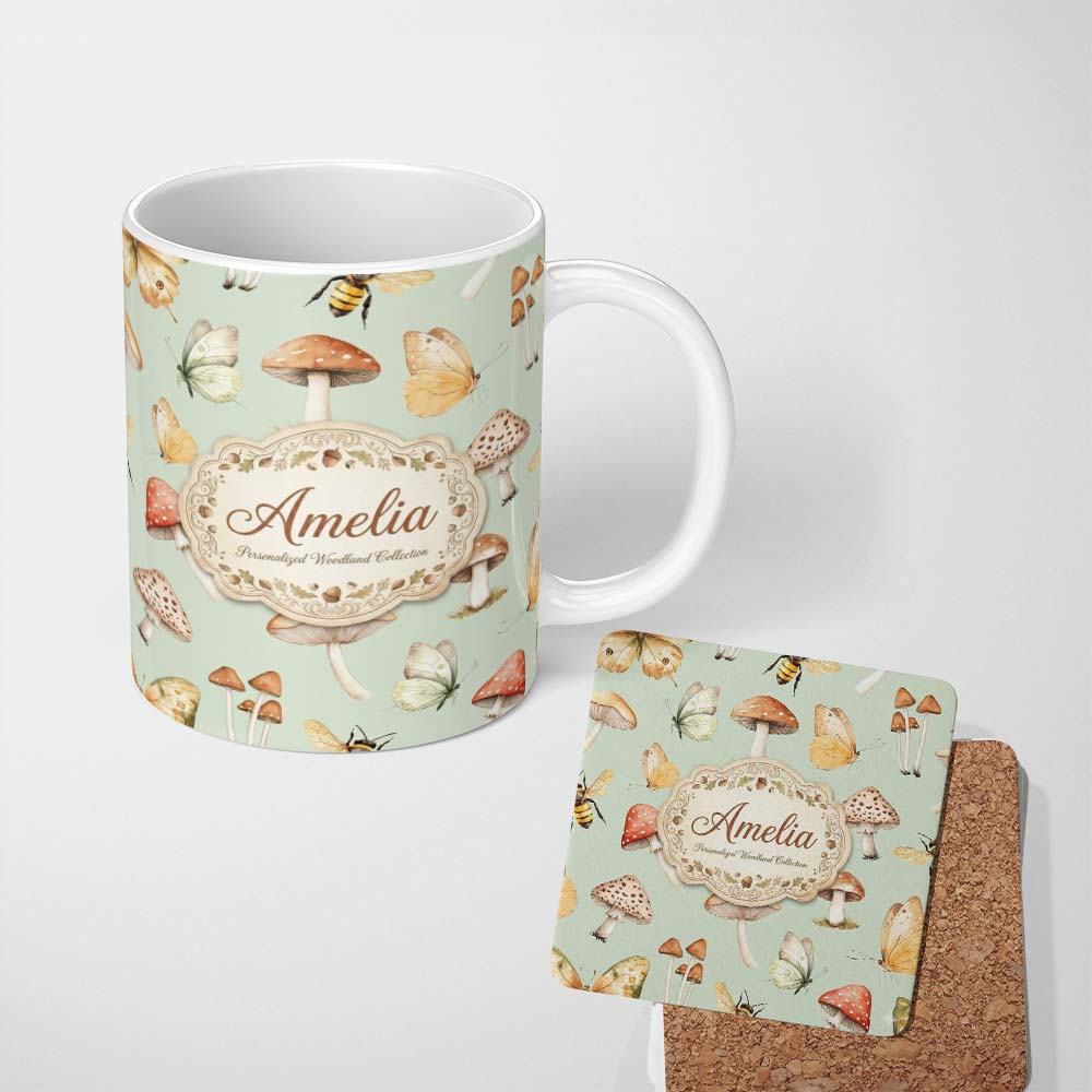 Personalized Custom Name Vintage Butterfly Bees Mushrooms Illustration Soft Green Background 11oz Ceramic Coffee Tea Mug White Large Handle