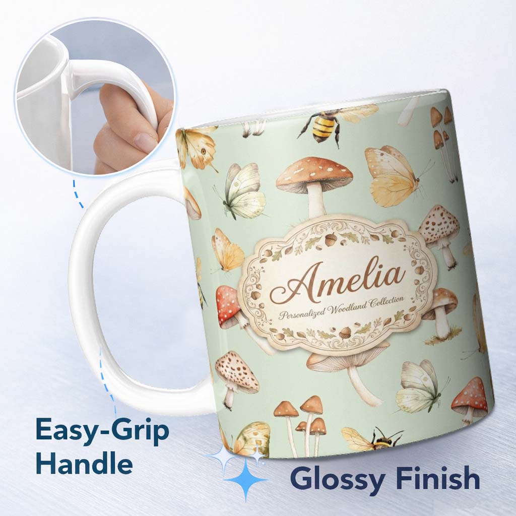 Personalized Custom Name Vintage Butterfly Bees Mushrooms Illustration Soft Green Background 11oz Ceramic Coffee Tea Mug White Large Handle