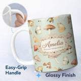 Personalized Custom Name Vintage Butterfly Bees Mushrooms Illustration Soft Green Background 11oz Ceramic Coffee Tea Mug White Large Handle