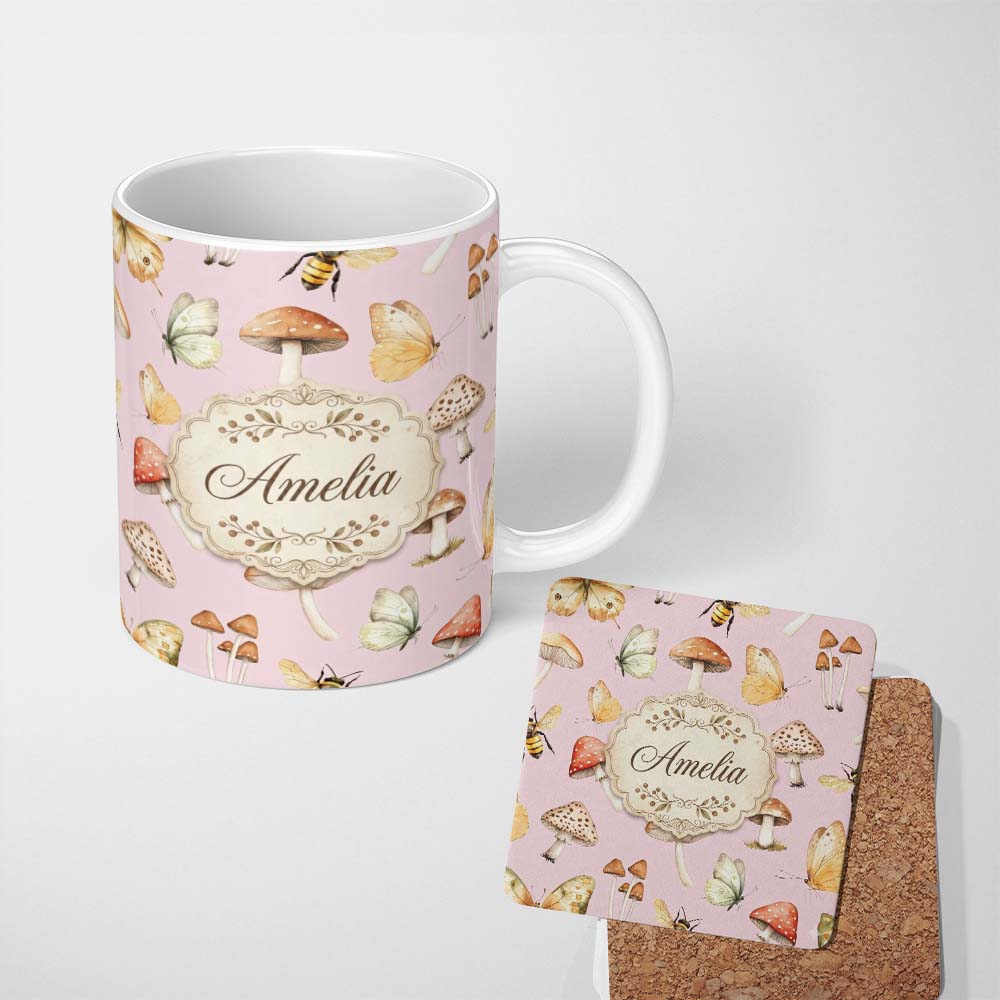 Personalized Custom Name Vintage Butterfly Bees Mushrooms Illustration Soft Pink Background 11oz Ceramic Coffee Tea Mug White Large Handle