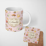 Personalized Custom Name Vintage Butterfly Bees Mushrooms Illustration Soft Pink Background 11oz Ceramic Coffee Tea Mug White Large Handle