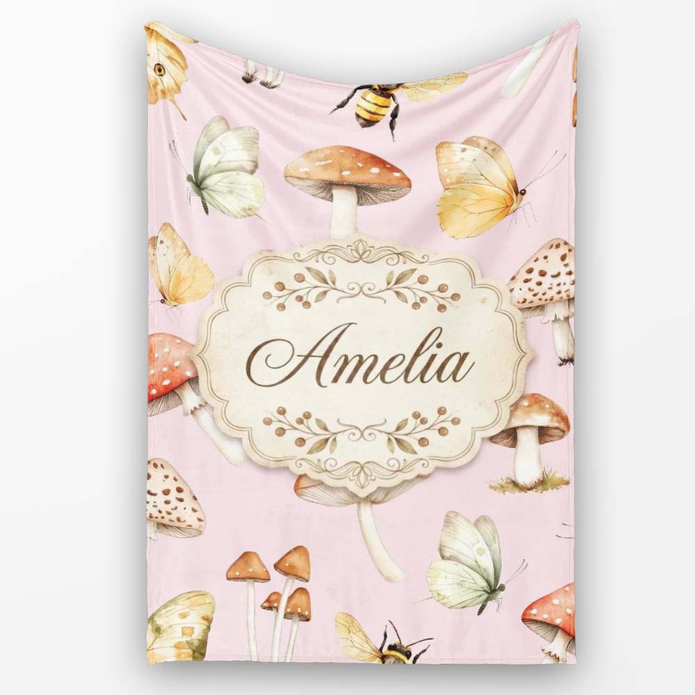 Vintage Butterfly Bees Mushrooms Illustration Soft Pink Background  Personalised Custom Name Super Soft Fleece Blanket Bed Sofa Throw