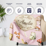 Vintage Butterfly Bees Mushrooms Illustration Soft Pink Background  Personalised Custom Name Super Soft Fleece Blanket Bed Sofa Throw