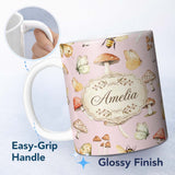 Personalized Custom Name Vintage Butterfly Bees Mushrooms Illustration Soft Pink Background 11oz Ceramic Coffee Tea Mug White Large Handle