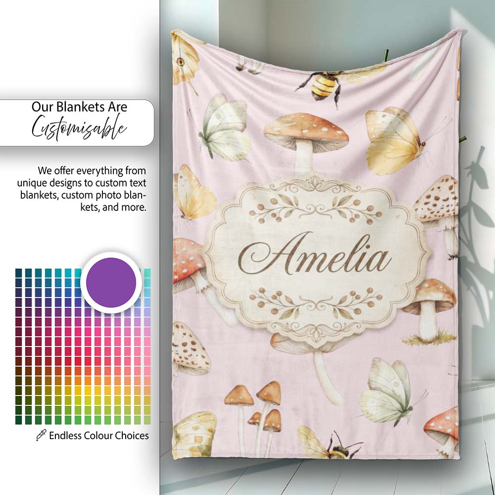 Vintage Butterfly Bees Mushrooms Illustration Soft Pink Background  Personalised Custom Name Super Soft Fleece Blanket Bed Sofa Throw