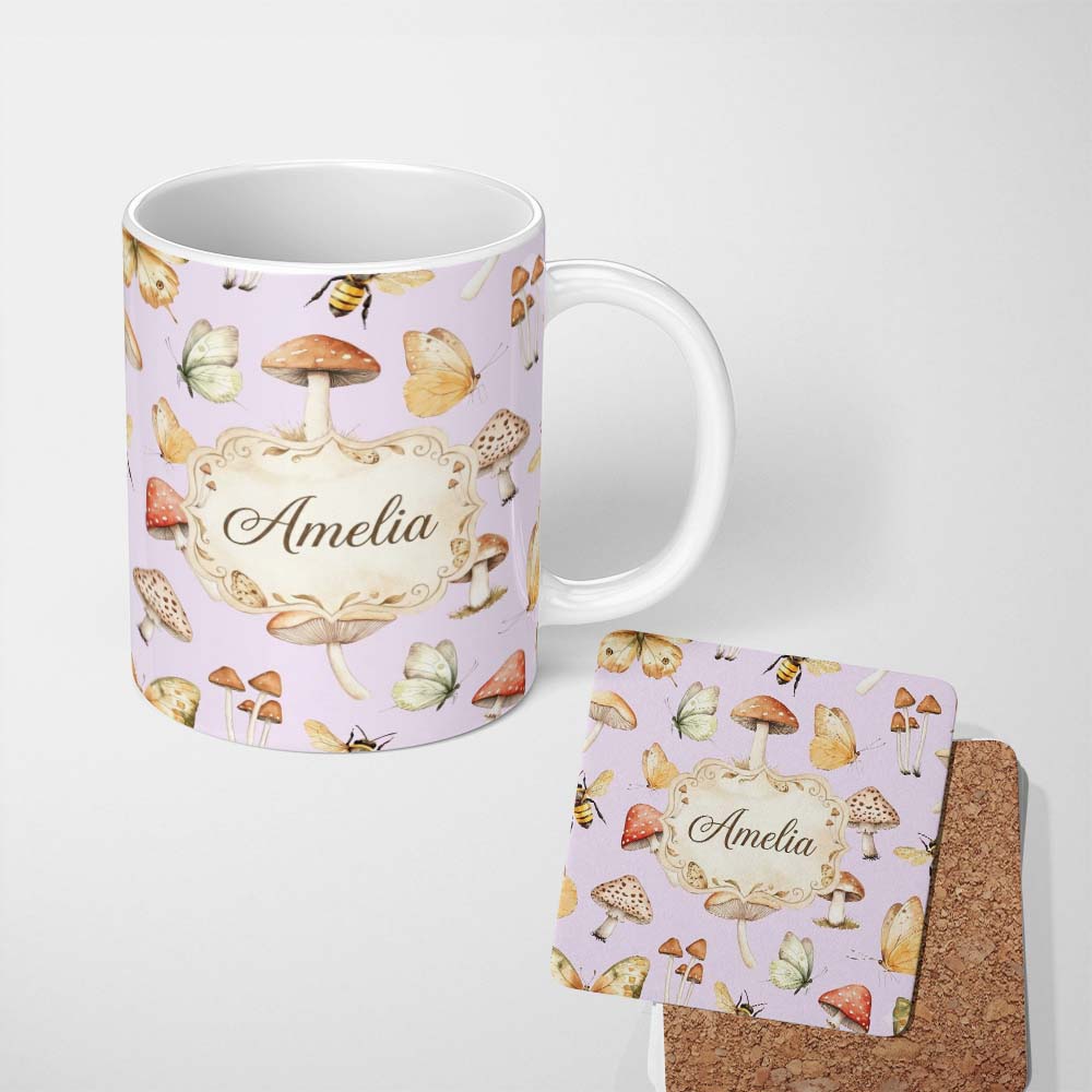 Personalized Custom Name Vintage Butterfly Bees Mushrooms Illustration Soft Lilac Background 11oz Ceramic Coffee Tea Mug White Large Handle