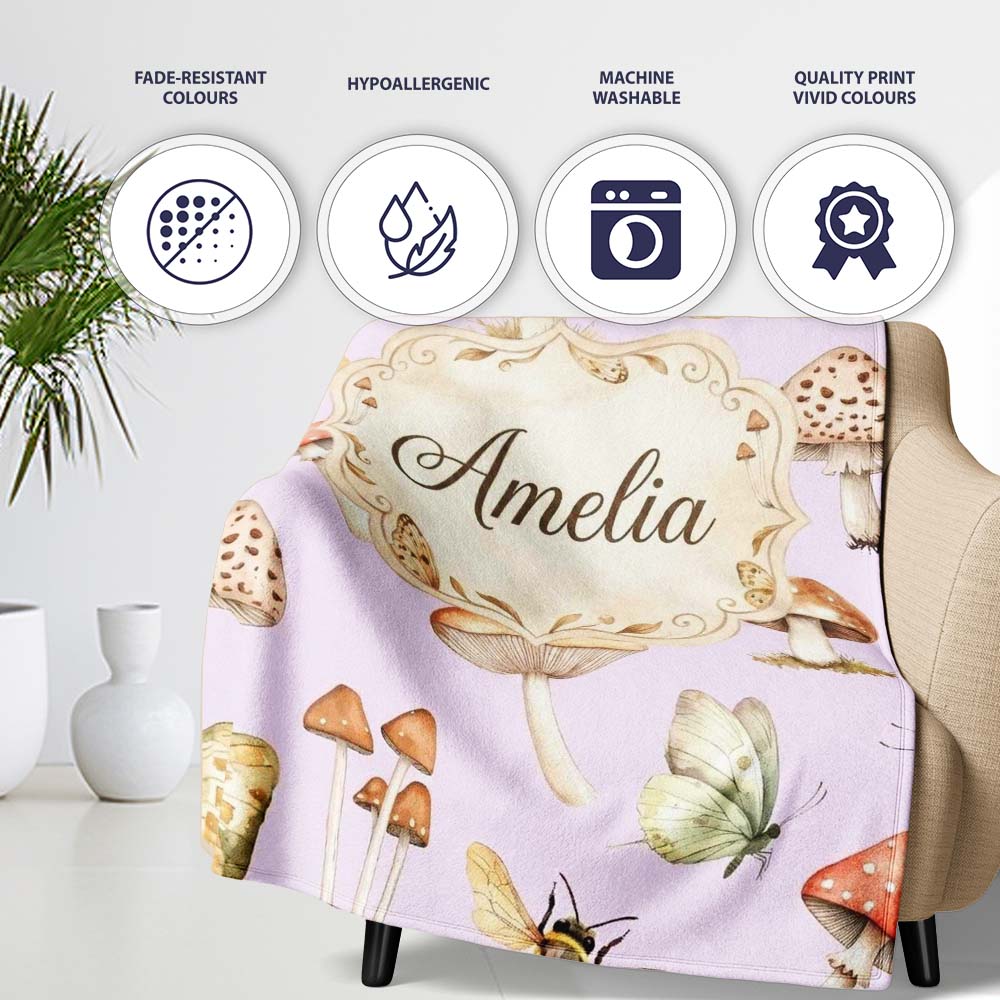 Vintage Butterfly Bees Mushrooms Illustration Soft Lilac Background  Personalised Custom Name Super Soft Fleece Blanket Bed Sofa Throw