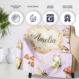 Vintage Butterfly Bees Mushrooms Illustration Soft Lilac Background  Personalised Custom Name Super Soft Fleece Blanket Bed Sofa Throw