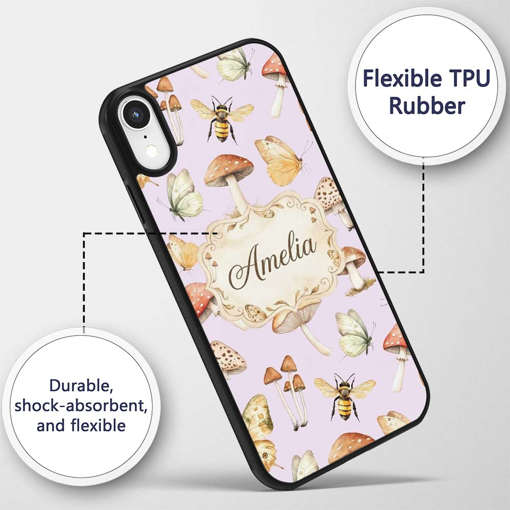 Vintage Butterfly Bees Mushrooms Illustration Custom Name Protective Phone Case Mobile Cover Durable Everyday Smartphone Shock Resistant