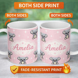 Personalized Custom Name Cute Cartoon Koala Bears with White Stars on Soft Pink Background 11oz Ceramic Coffee Tea Mug White Large Handle