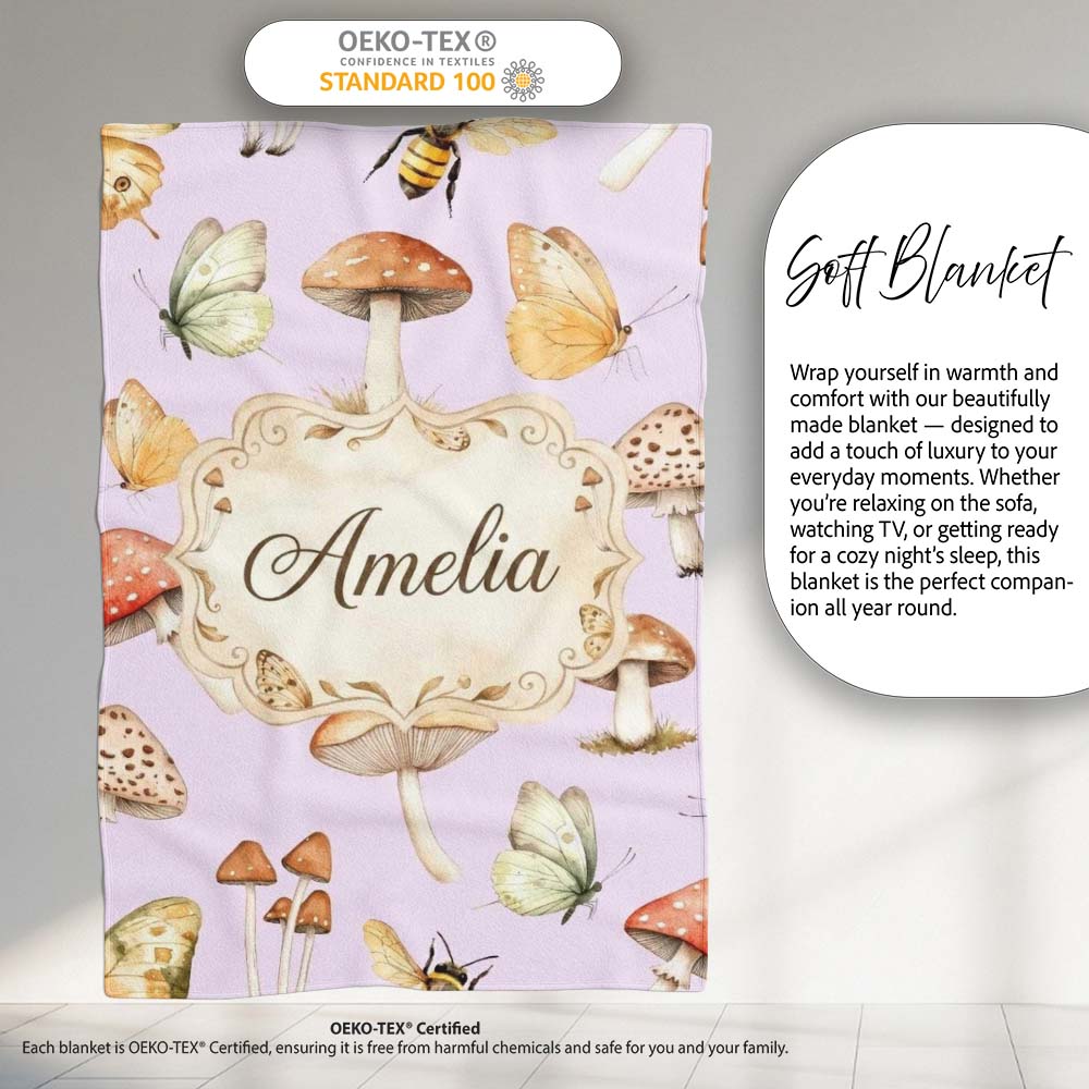 Vintage Butterfly Bees Mushrooms Illustration Soft Lilac Background  Personalised Custom Name Super Soft Fleece Blanket Bed Sofa Throw