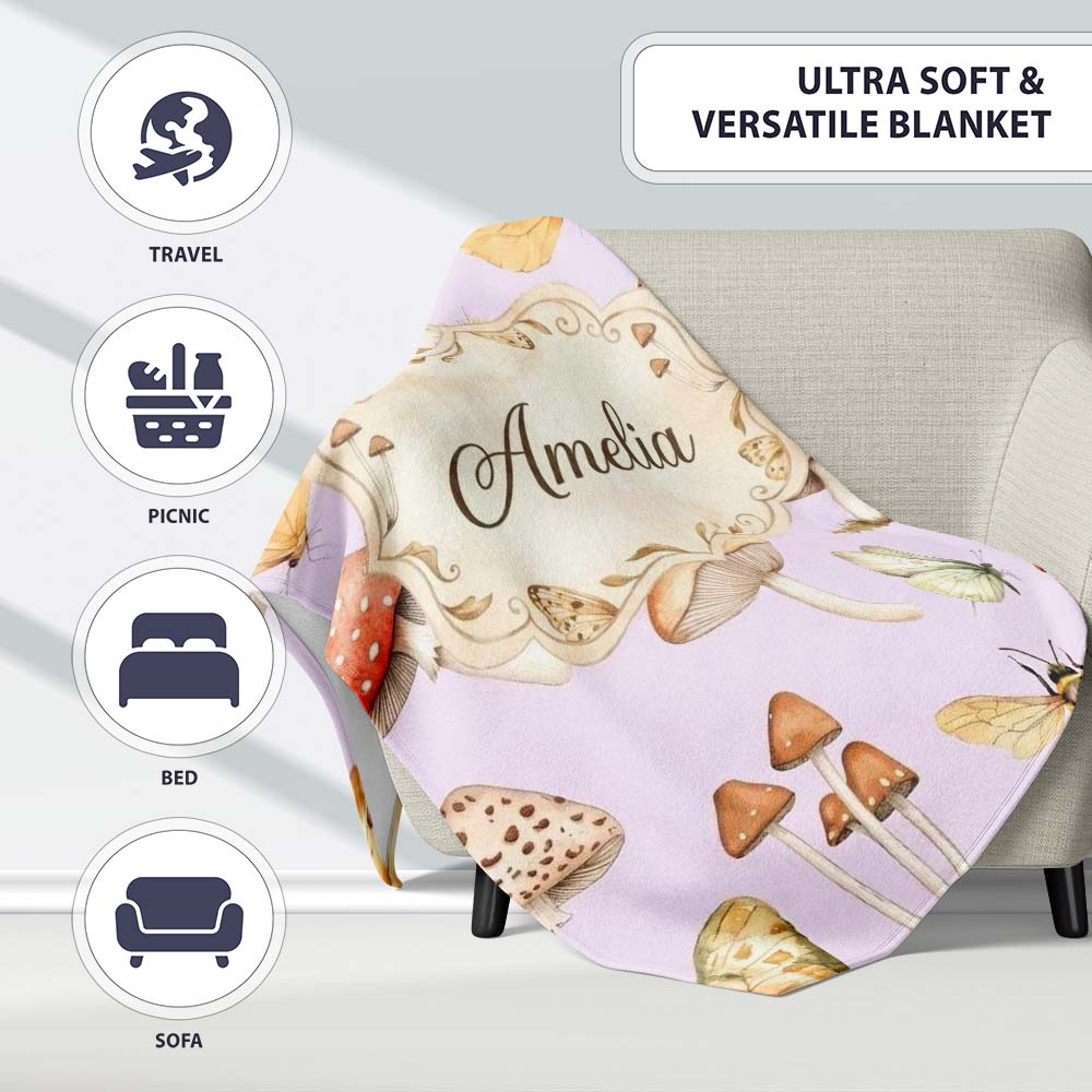 Vintage Butterfly Bees Mushrooms Illustration Soft Lilac Background  Personalised Custom Name Super Soft Fleece Blanket Bed Sofa Throw