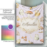 Vintage Butterfly Bees Mushrooms Illustration Soft Lilac Background  Personalised Custom Name Super Soft Fleece Blanket Bed Sofa Throw