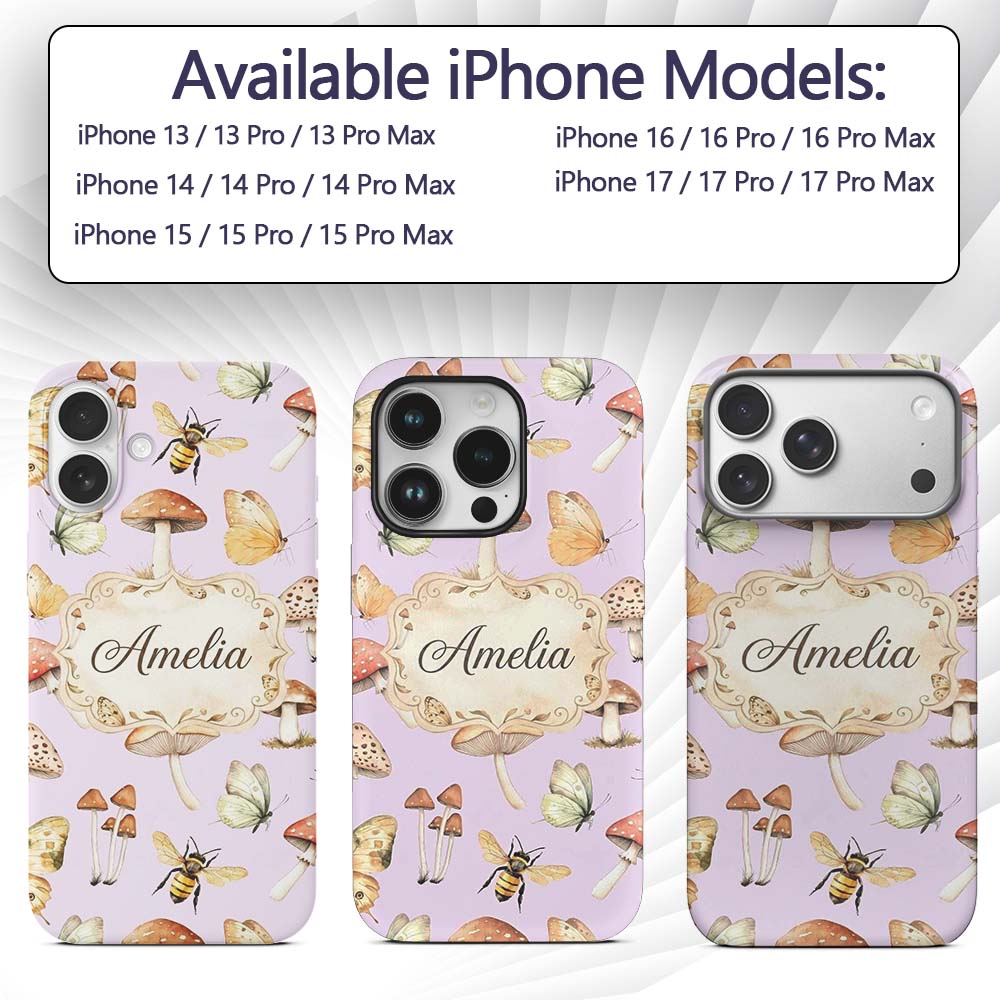 Vintage Butterfly Bees Mushrooms Illustration Custom Name Protective Phone Case Mobile Cover Durable Everyday Smartphone Shock Resistant