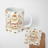 Personalized Custom Name Vintage Butterfly Bees Mushrooms Illustration Light Grey Background 11oz Ceramic Coffee Tea Mug White Large Handle