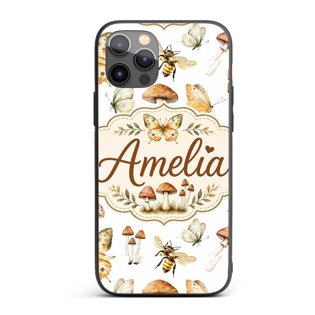 Vintage Butterfly Bees Mushrooms Illustration Custom Name Protective Phone Case Mobile Cover Durable Everyday Smartphone Shock Resistant