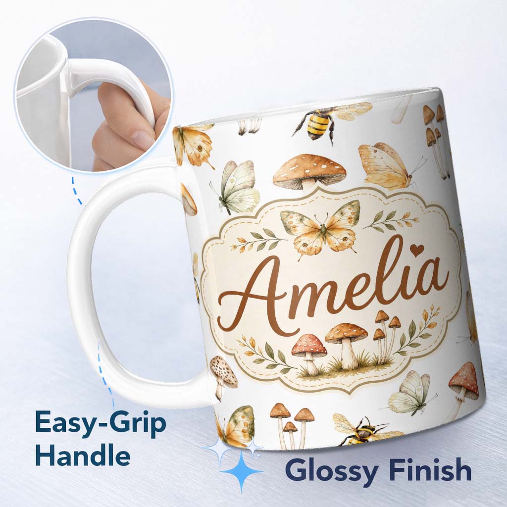 Personalized Custom Name Vintage Butterfly Bees Mushrooms Illustration Light Grey Background 11oz Ceramic Coffee Tea Mug White Large Handle