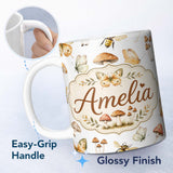 Personalized Custom Name Vintage Butterfly Bees Mushrooms Illustration Light Grey Background 11oz Ceramic Coffee Tea Mug White Large Handle