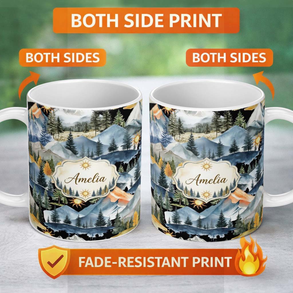 Personalized Custom Name Watercolor Forest Mountains Pine Trees Scenic Soft Beige Background 11oz Ceramic Coffee Tea Mug White Large Handle