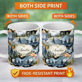 Personalized Custom Name Watercolor Forest Mountains Pine Trees Scenic Soft Beige Background 11oz Ceramic Coffee Tea Mug White Large Handle