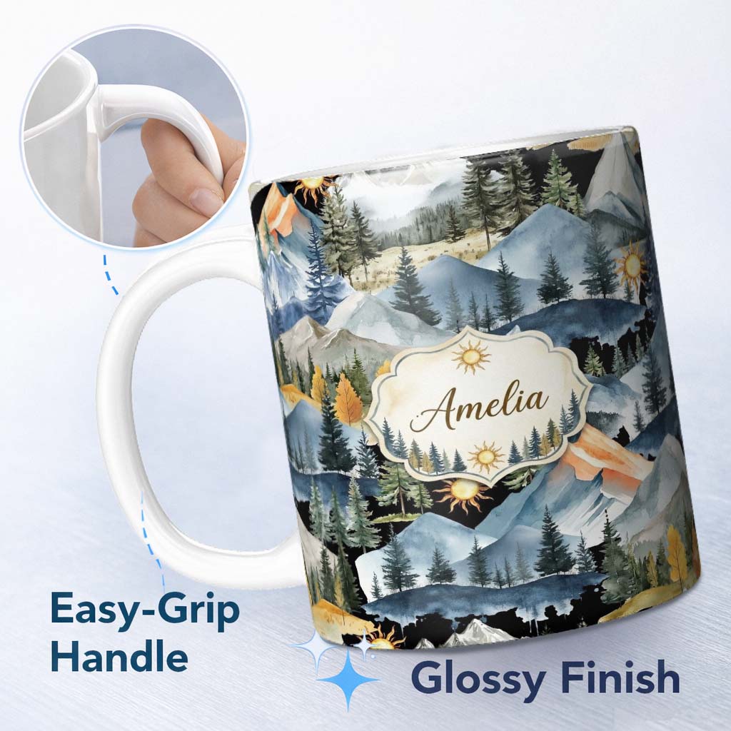 Personalized Custom Name Watercolor Forest Mountains Pine Trees Scenic Soft Beige Background 11oz Ceramic Coffee Tea Mug White Large Handle