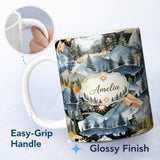 Personalized Custom Name Watercolor Forest Mountains Pine Trees Scenic Soft Beige Background 11oz Ceramic Coffee Tea Mug White Large Handle