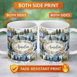 Personalized Custom Name Watercolor Forest Mountains Pine Trees Scenic Light Cream 11oz Ceramic Coffee Tea Mug White Large Handle
