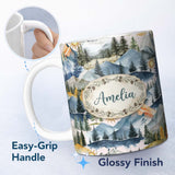 Personalized Custom Name Watercolor Forest Mountains Pine Trees Scenic Light Cream 11oz Ceramic Coffee Tea Mug White Large Handle