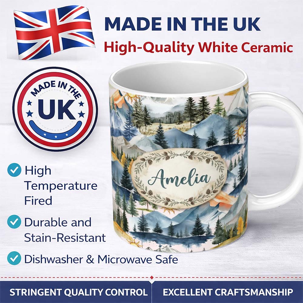 Personalized Custom Name Watercolor Forest Mountains Pine Trees Scenic Light Cream 11oz Ceramic Coffee Tea Mug White Large Handle