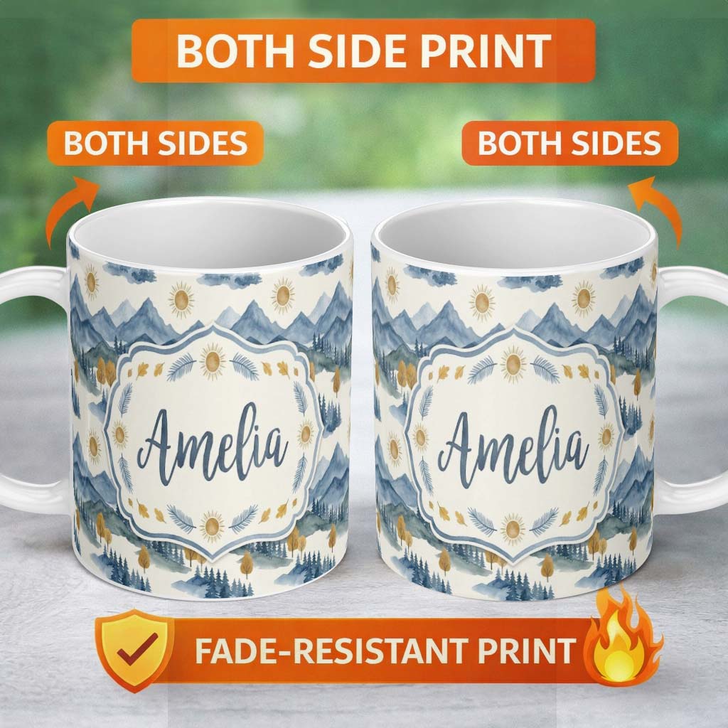 Personalized Custom Name Watercolor Forest Mountains Pine Trees Scenic Soft Green Background 11oz Ceramic Coffee Tea Mug White Large Handle