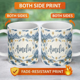 Personalized Custom Name Watercolor Forest Mountains Pine Trees Scenic Soft Green Background 11oz Ceramic Coffee Tea Mug White Large Handle