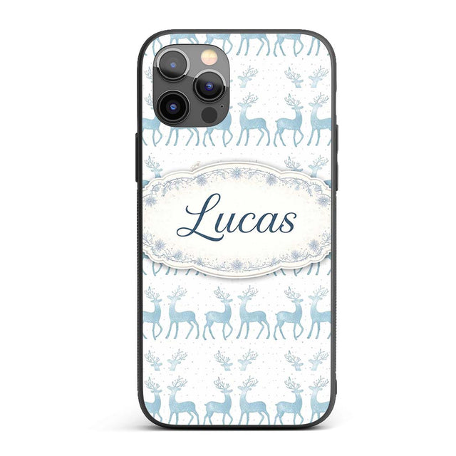 Blue Glitter Reindeer Christmas White Background Custom Name Protective Phone Case Mobile Cover Durable Everyday Smartphone Shock Resistant