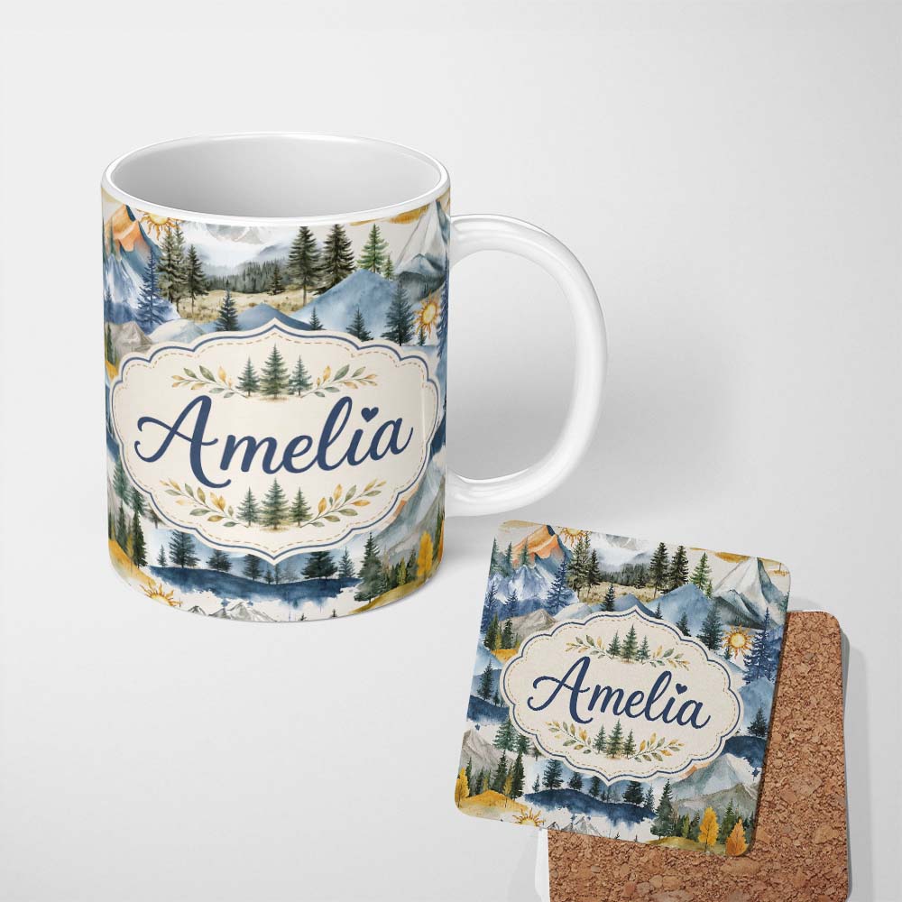 Personalized Custom Name Watercolor Forest Mountain Pine Trees Scenic Light Neutral 11oz Ceramic Coffee Tea Mug White Large Handle