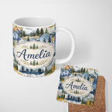 Personalized Custom Name Watercolor Forest Mountain Pine Trees Scenic Light Neutral 11oz Ceramic Coffee Tea Mug White Large Handle