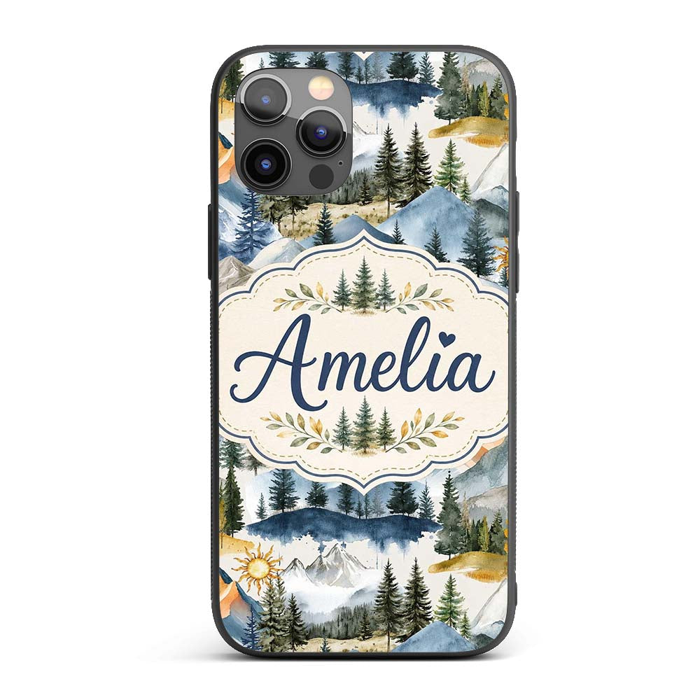 Watercolor Forest Mountain Pine Trees Scenic Custom Name Protective Phone Case Mobile Cover Durable Everyday Smartphone Shock Resistant