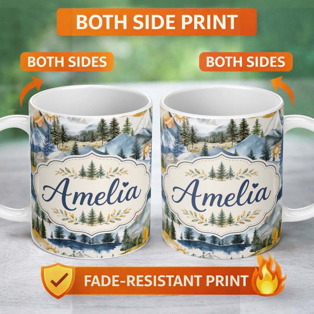 Personalized Custom Name Watercolor Forest Mountain Pine Trees Scenic Light Neutral 11oz Ceramic Coffee Tea Mug White Large Handle