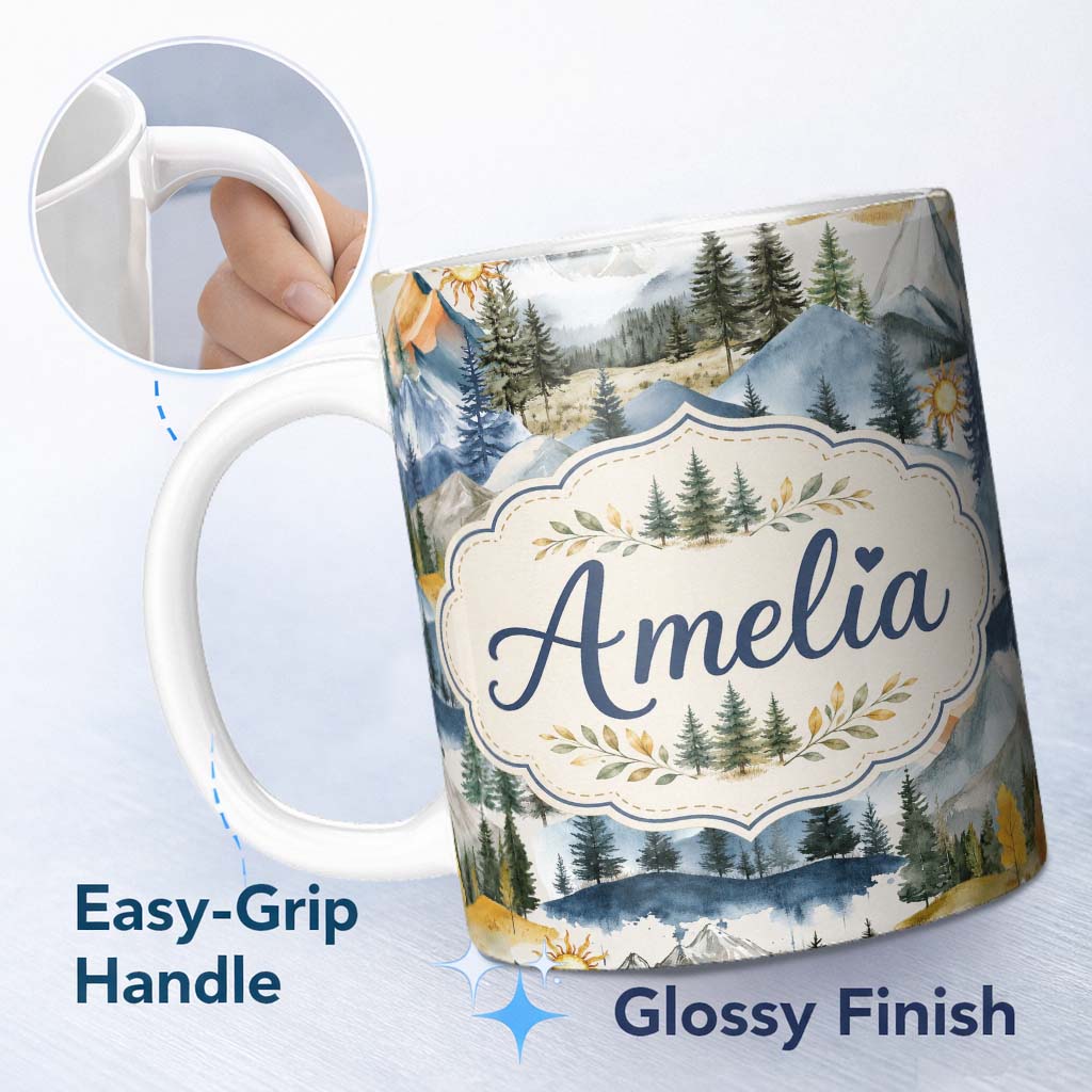Personalized Custom Name Watercolor Forest Mountain Pine Trees Scenic Light Neutral 11oz Ceramic Coffee Tea Mug White Large Handle