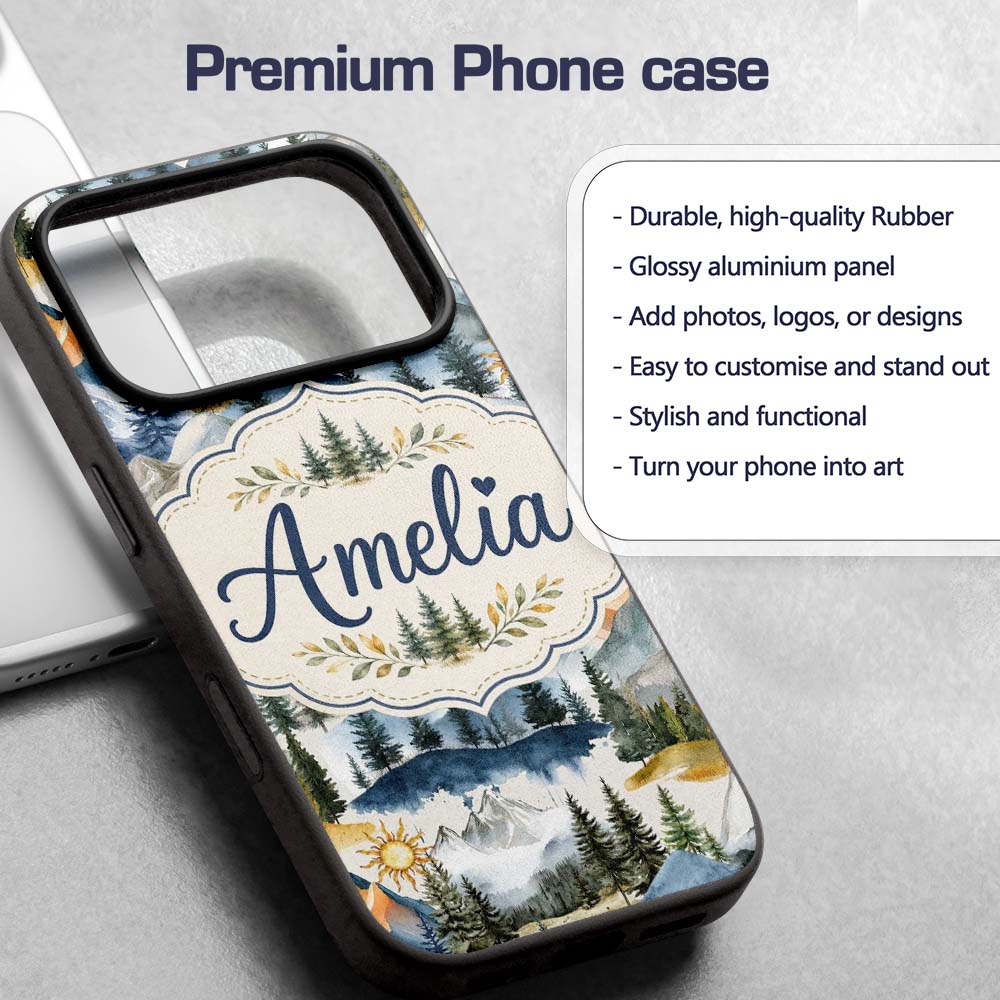 Watercolor Forest Mountain Pine Trees Scenic Custom Name Protective Phone Case Mobile Cover Durable Everyday Smartphone Shock Resistant