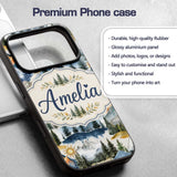 Watercolor Forest Mountain Pine Trees Scenic Custom Name Protective Phone Case Mobile Cover Durable Everyday Smartphone Shock Resistant