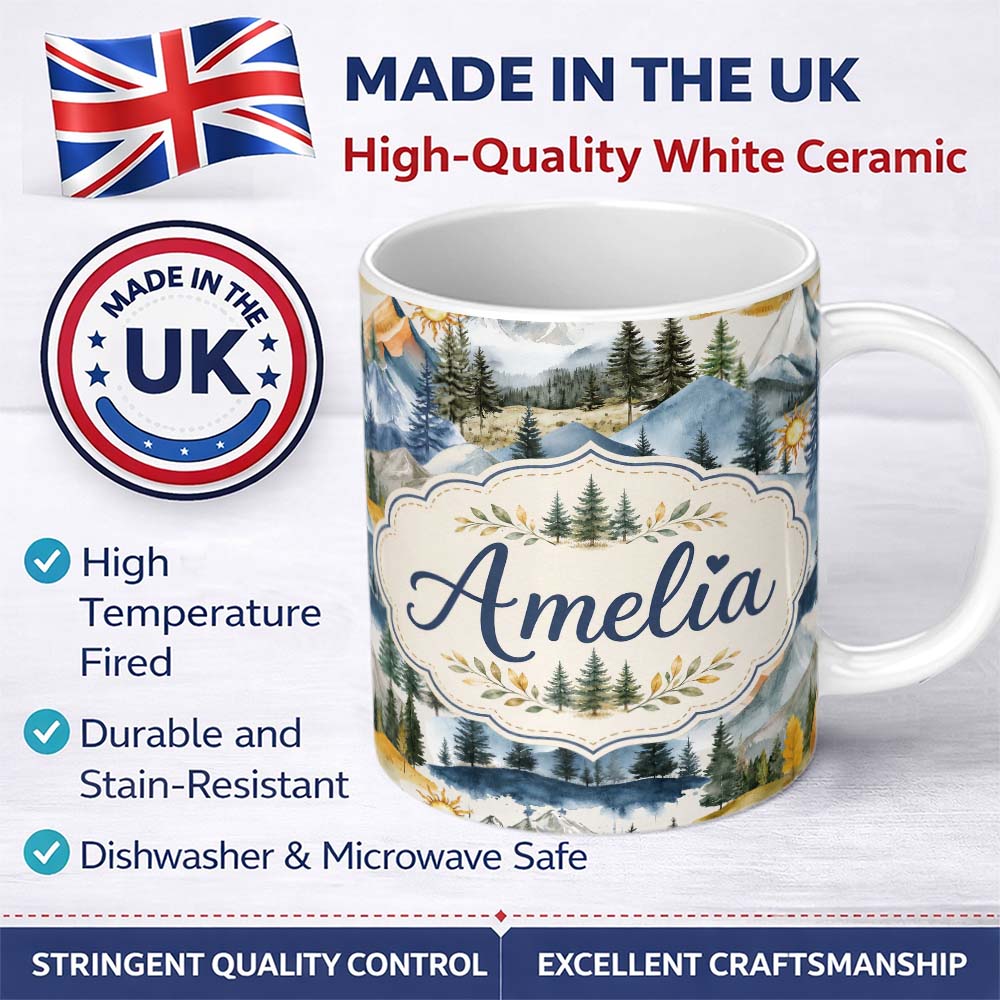 Personalized Custom Name Watercolor Forest Mountain Pine Trees Scenic Light Neutral 11oz Ceramic Coffee Tea Mug White Large Handle