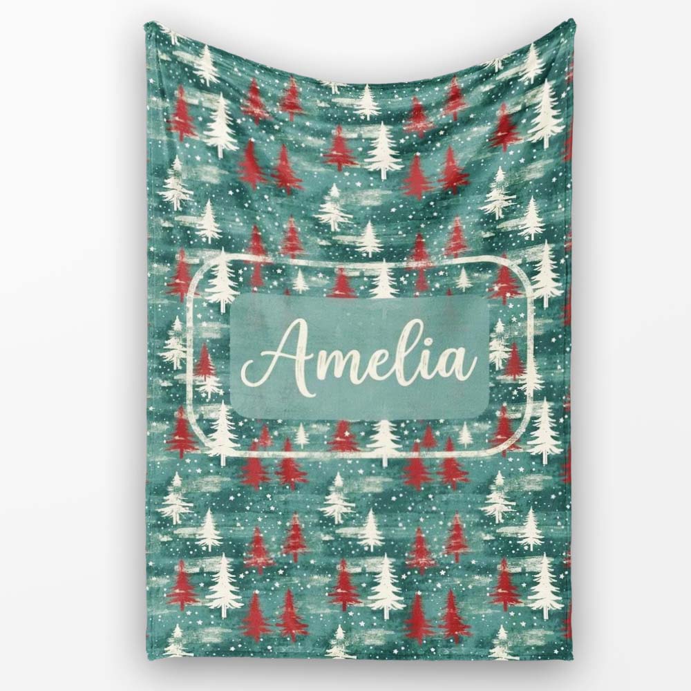 Rustic Painted Christmas Trees Vintage Seamless Pattern Lovely  Personalised Custom Name Super Soft Fleece Blanket Bed Sofa Throw