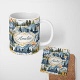 Personalized Custom Name Watercolor Mountain Forest Pine Trees Scenic Soft Neutral 11oz Ceramic Coffee Tea Mug White Large Handle