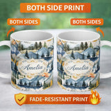 Personalized Custom Name Watercolor Mountain Forest Pine Trees Scenic Soft Neutral 11oz Ceramic Coffee Tea Mug White Large Handle