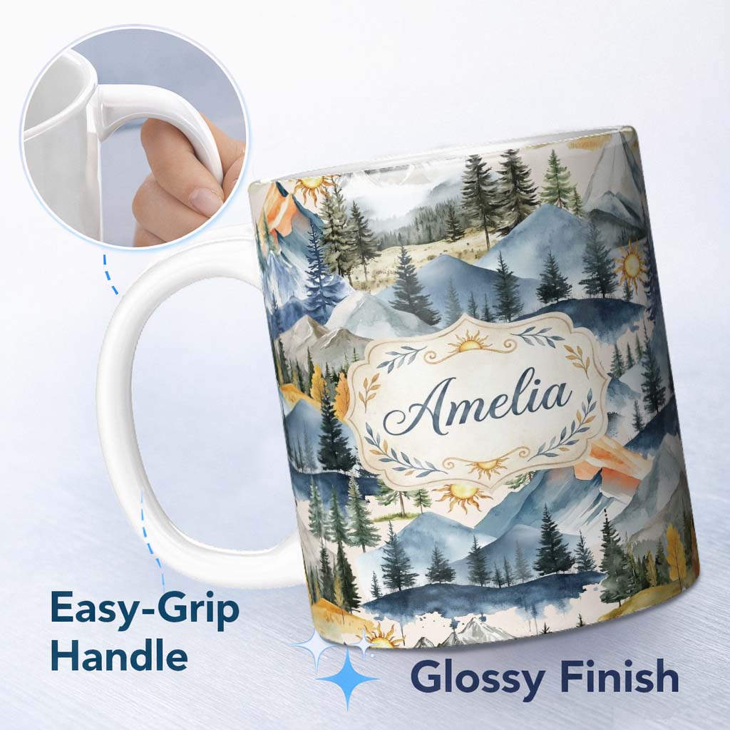 Personalized Custom Name Watercolor Mountain Forest Pine Trees Scenic Soft Neutral 11oz Ceramic Coffee Tea Mug White Large Handle