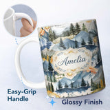 Personalized Custom Name Watercolor Mountain Forest Pine Trees Scenic Soft Neutral 11oz Ceramic Coffee Tea Mug White Large Handle