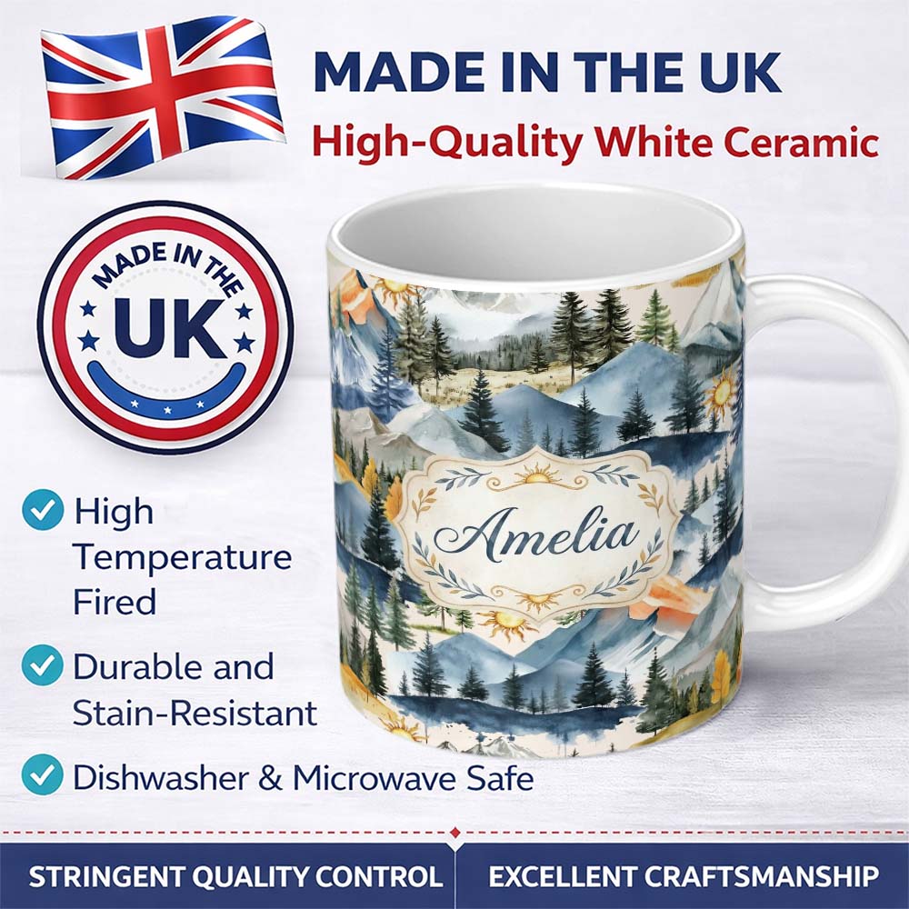 Personalized Custom Name Watercolor Mountain Forest Pine Trees Scenic Soft Neutral 11oz Ceramic Coffee Tea Mug White Large Handle