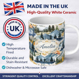 Personalized Custom Name Watercolor Mountain Forest Pine Trees Scenic Soft Neutral 11oz Ceramic Coffee Tea Mug White Large Handle