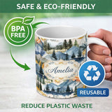 Personalized Custom Name Watercolor Mountain Forest Pine Trees Scenic Soft Neutral 11oz Ceramic Coffee Tea Mug White Large Handle
